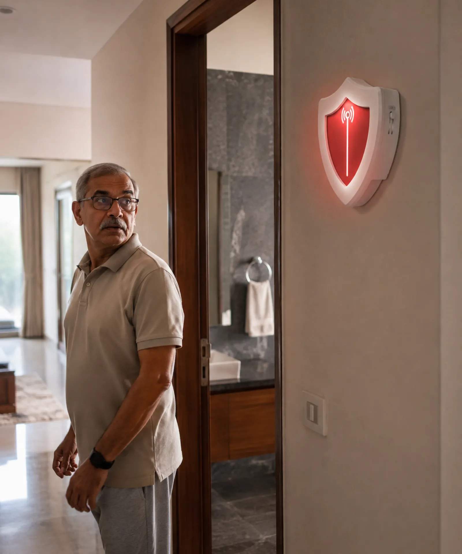 A family member hearing the EyEagle Alarm Unit outside the bathroom