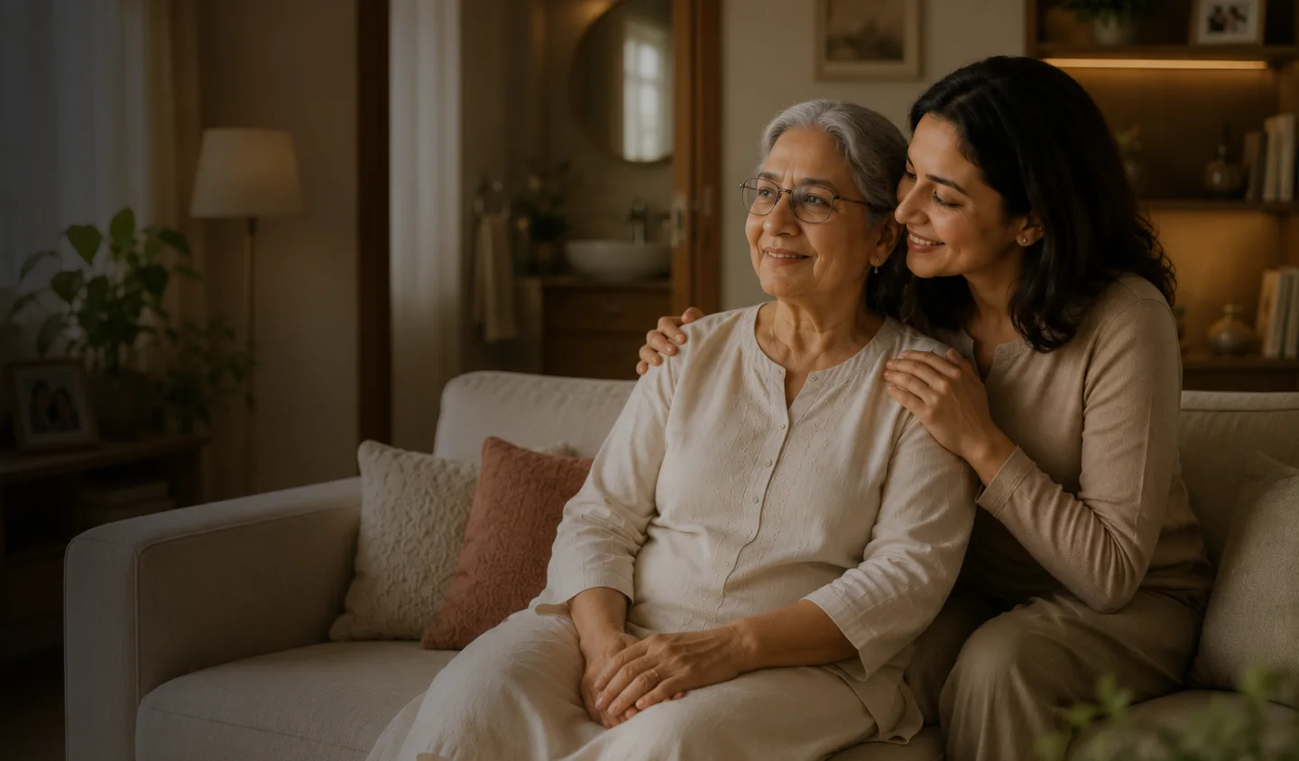 A mother and daughter sharing a quiet moment at home