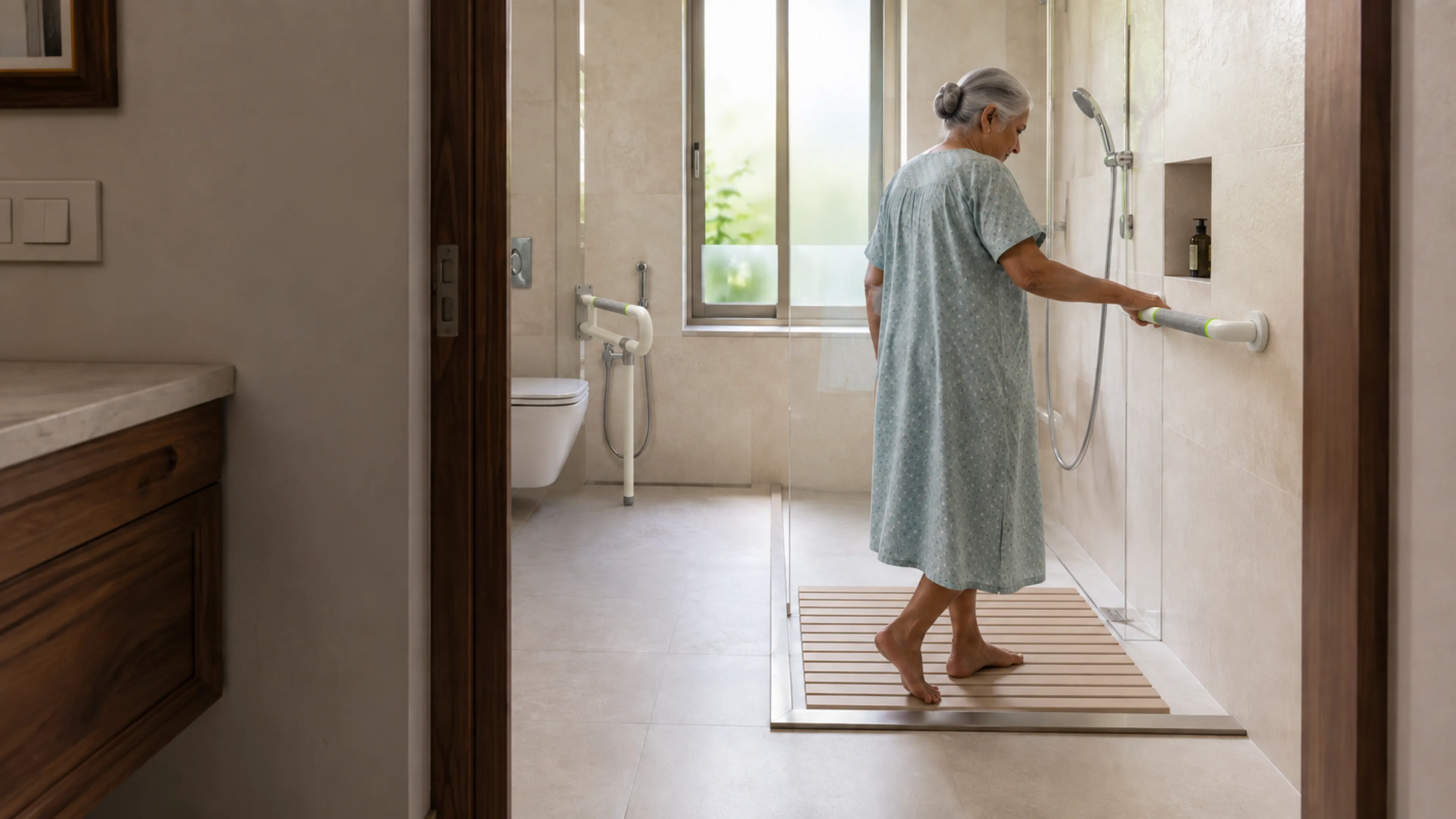 A woman holding a shower grab bar, with a toilet support rail and shower mat also visible