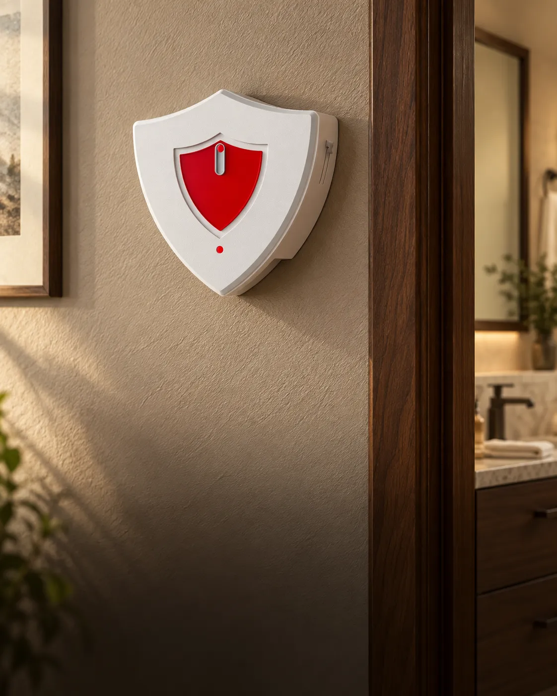 EyEagle shield-shaped alarm unit mounted beside a bathroom doorway