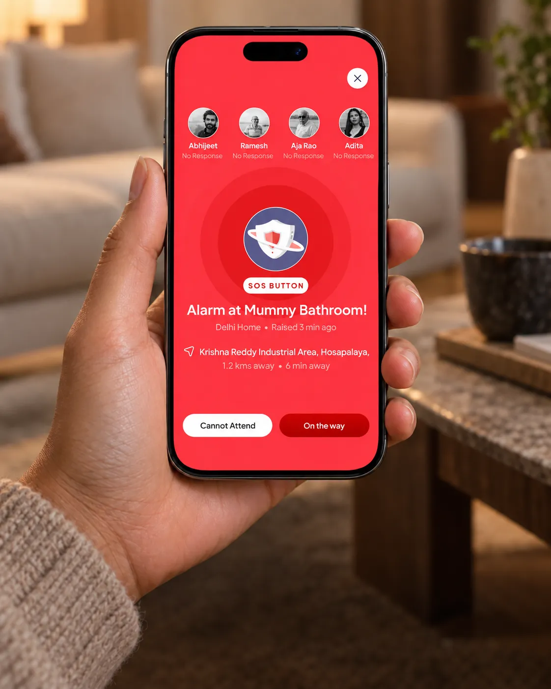 Phone displaying the EyEagle SOS alert and trusted contacts’ responses