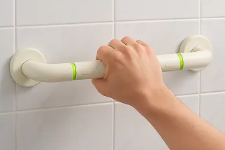 Hand gripping an EyEagle wall grab bar beside a tiled wall