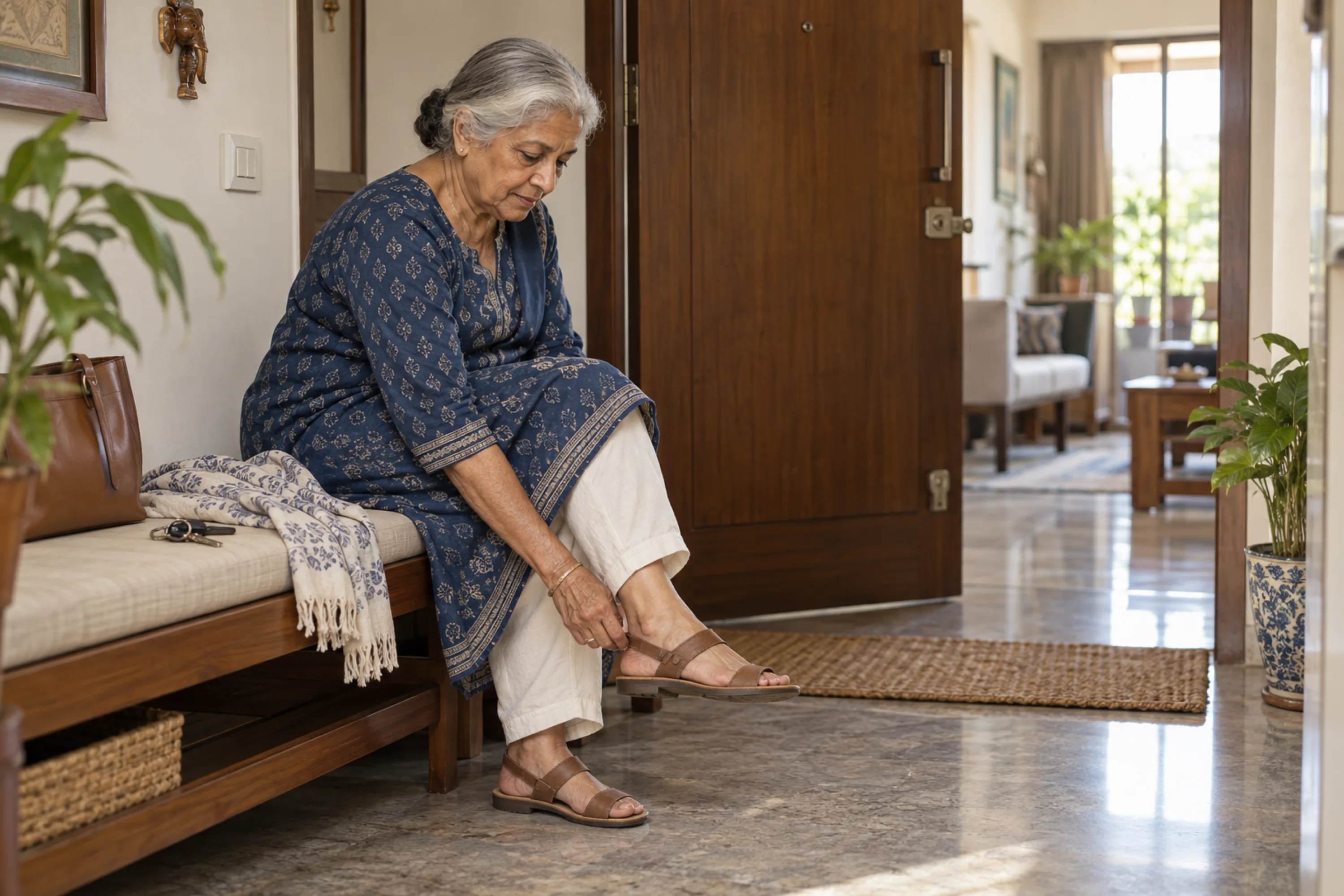 An older woman putting on her shoes at home