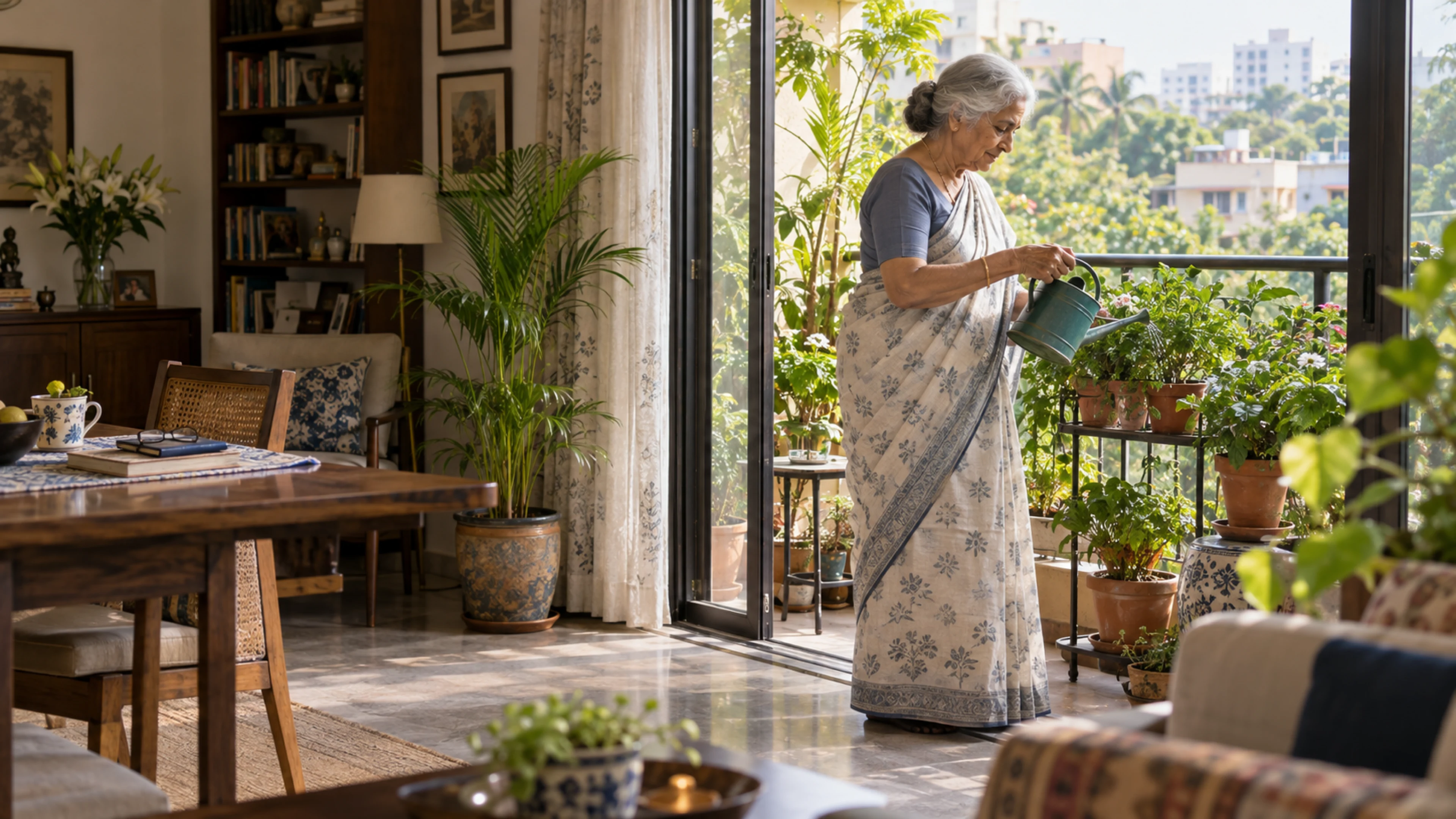 An older woman tending plants on her balcony