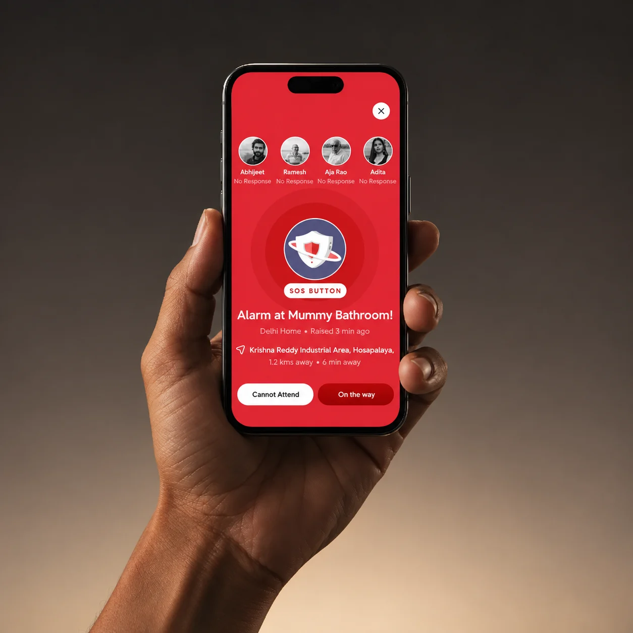 EyEagle mobile app showing a home SOS alert and trusted-contact responses