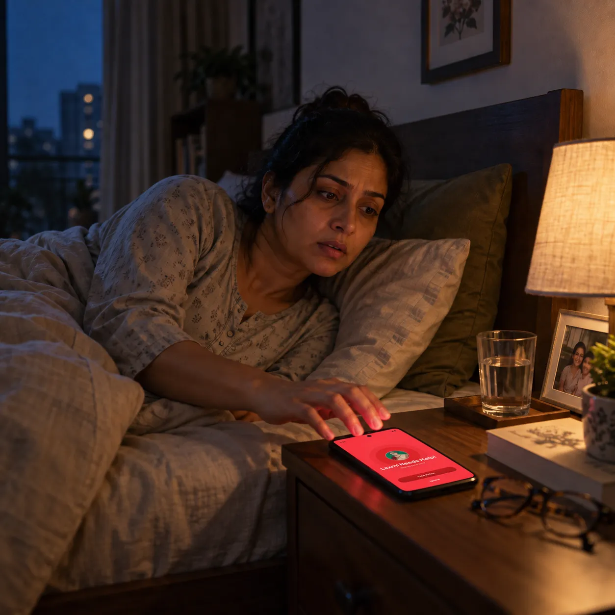 A person receiving an EyEagle emergency alert at night