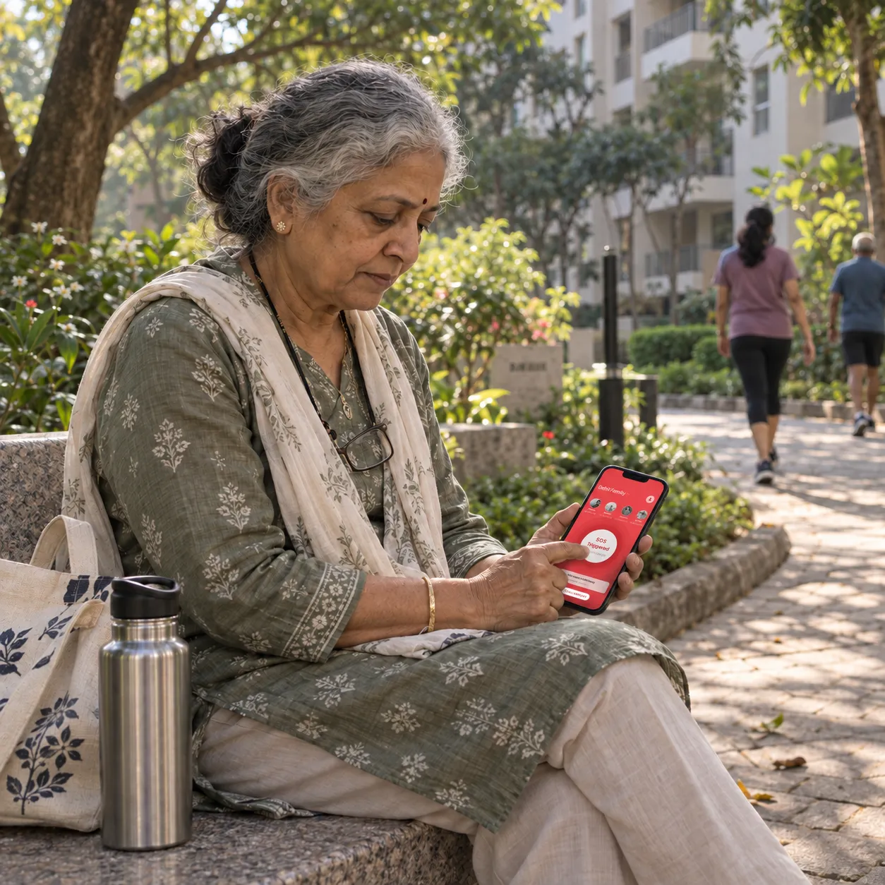An older woman raising an SOS from the EyEagle app outdoors
