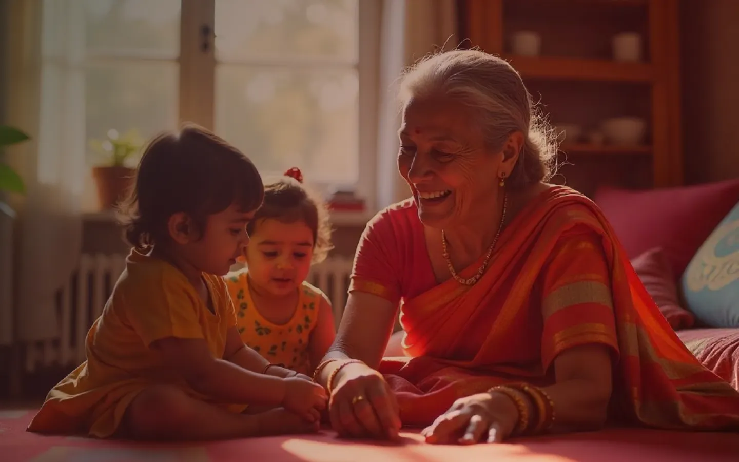 An older adult spending time with two young children
