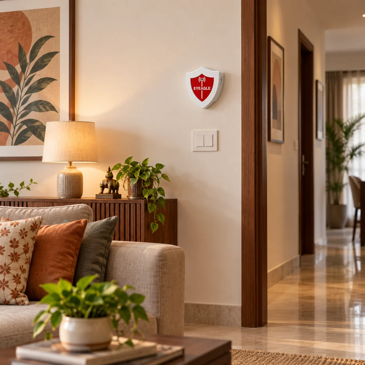 EyEagle sounding alarm mounted on a living-room wall beside a hallway