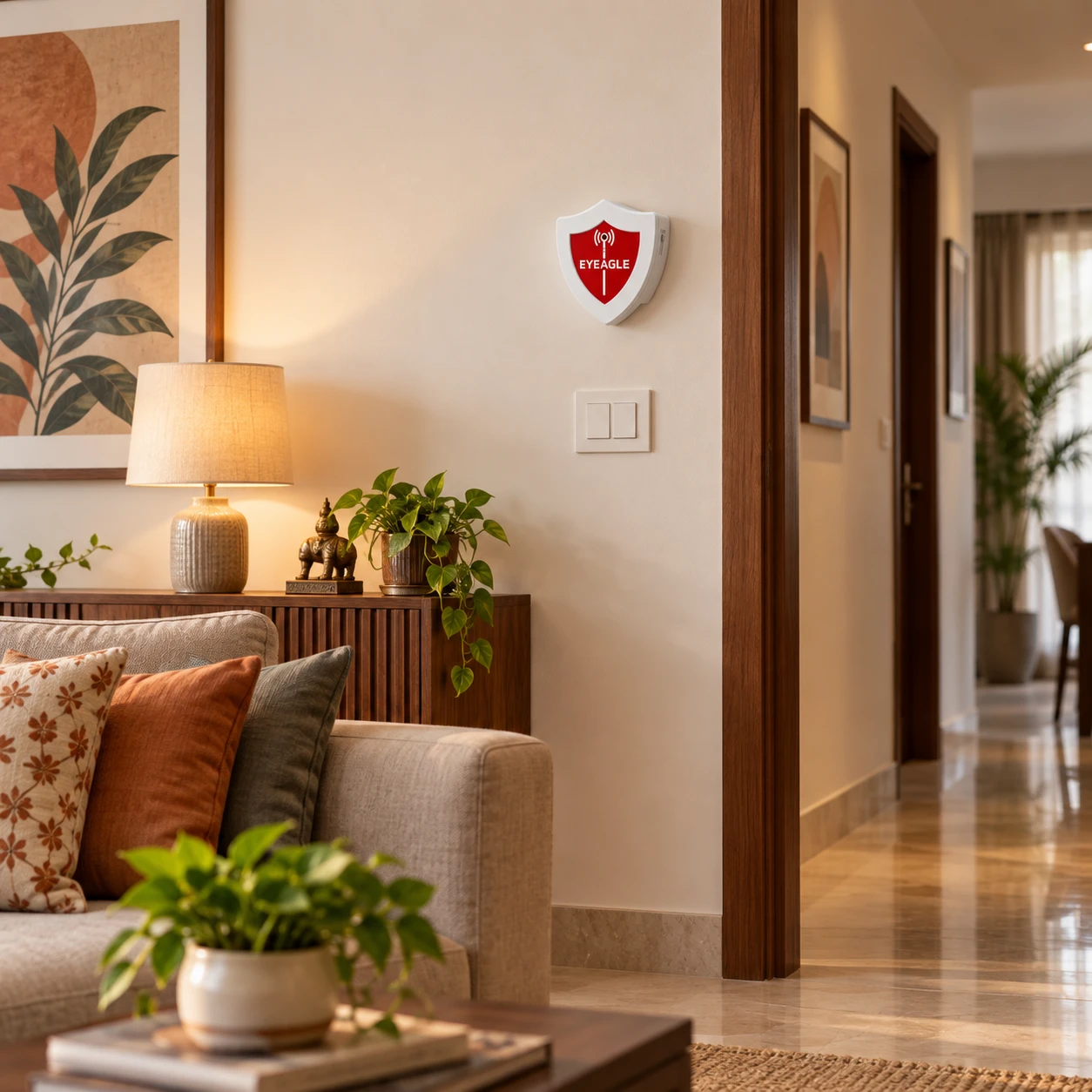 The EyEagle Home Hub with Alarm installed in a living room