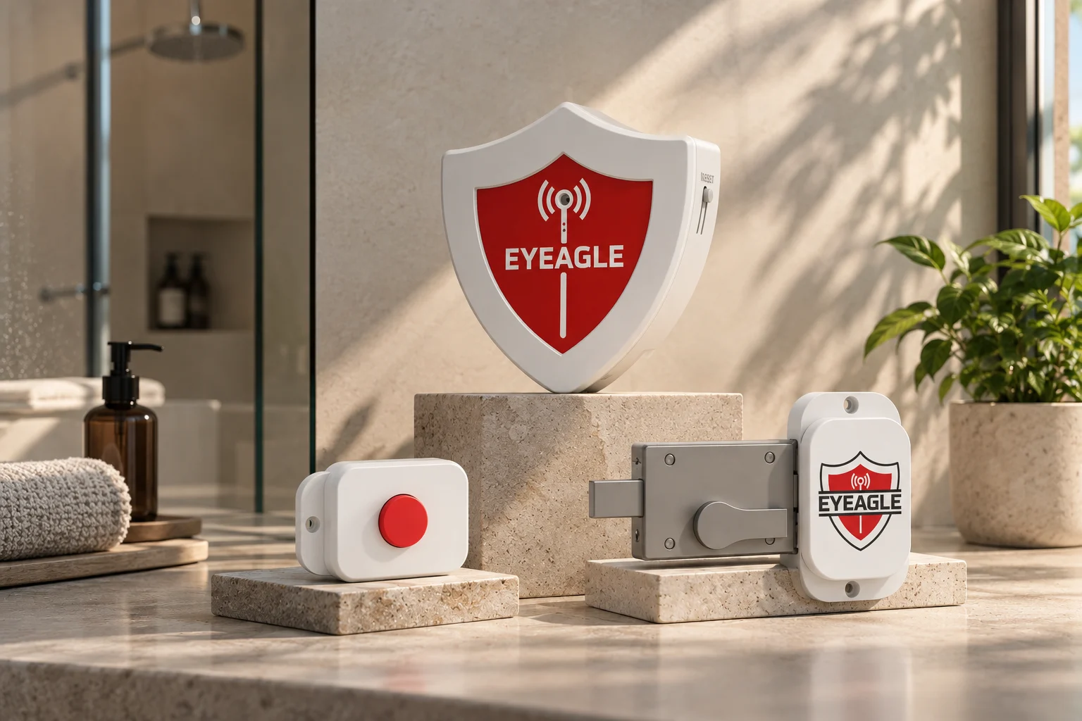 EyEagle alarm unit, SOS button, door sensor and latch arranged in a bathroom