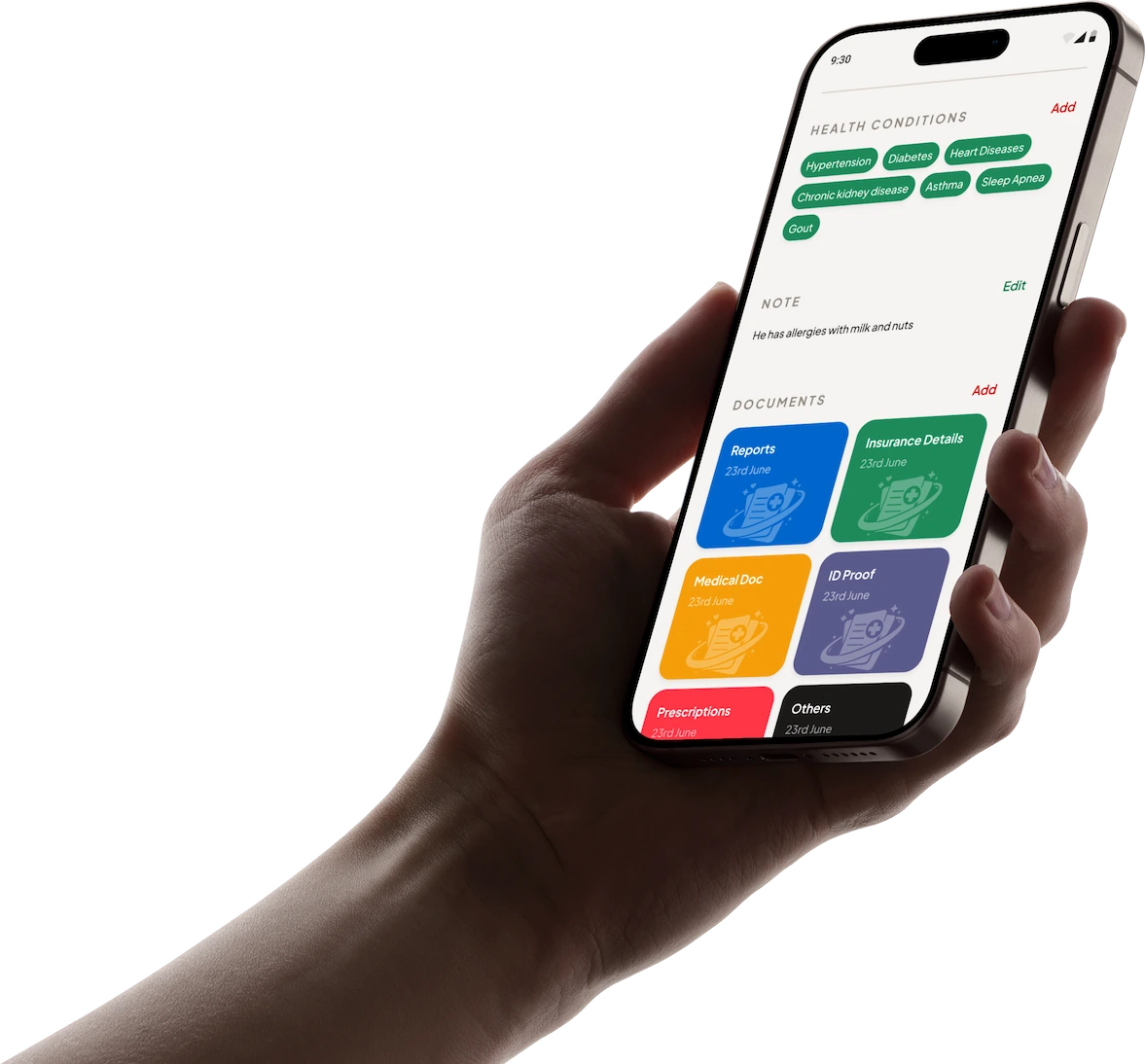 Health and identity documents organised in the Nest app