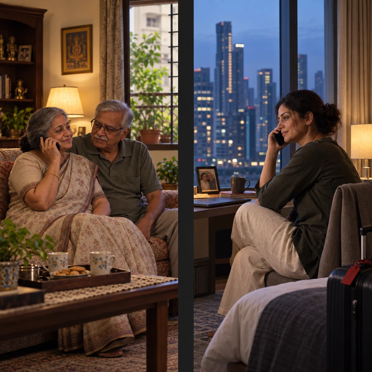 An older Indian couple and their daughter staying connected across distance
