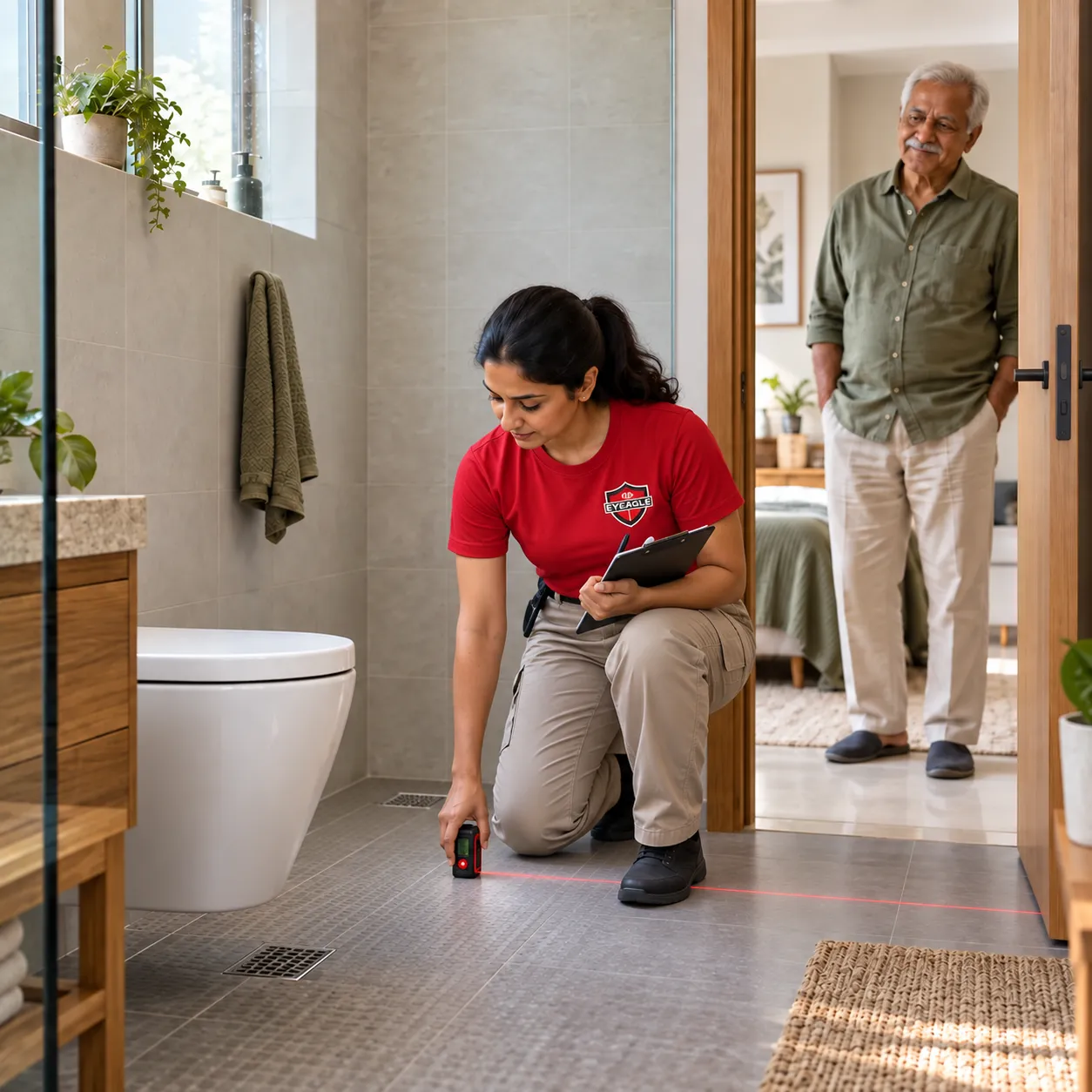 A specialist measuring a bathroom before safety equipment is installed
