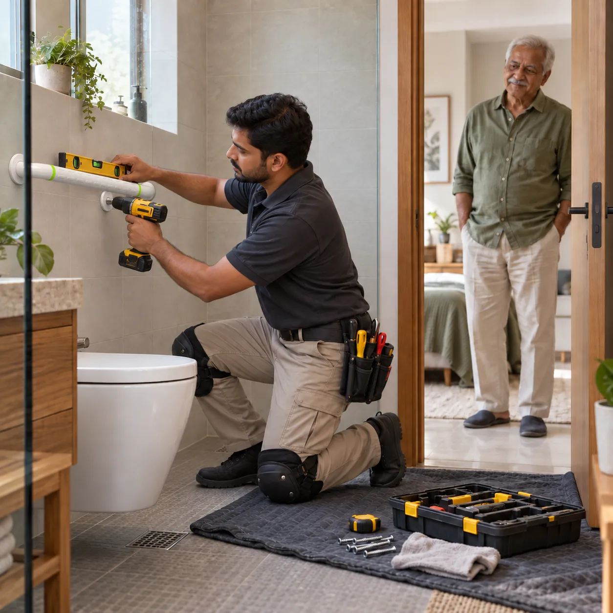 A technician professionally installing a grab bar in a bathroom