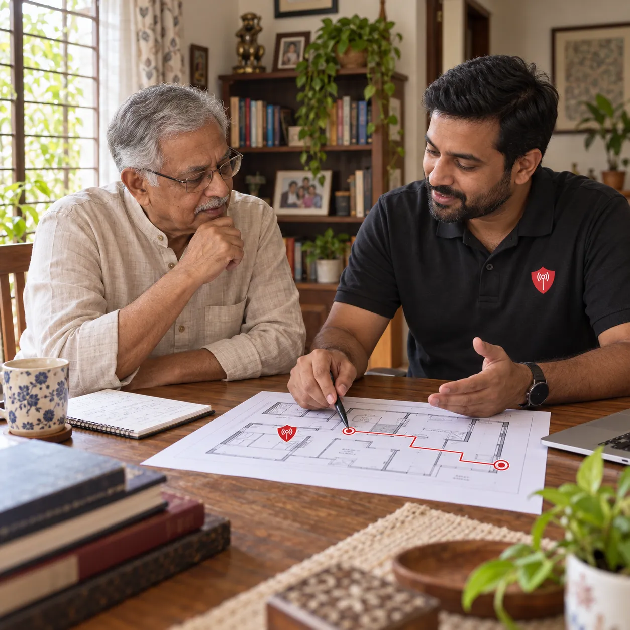 An EyEagle team member reviewing a home safety plan with an older parent