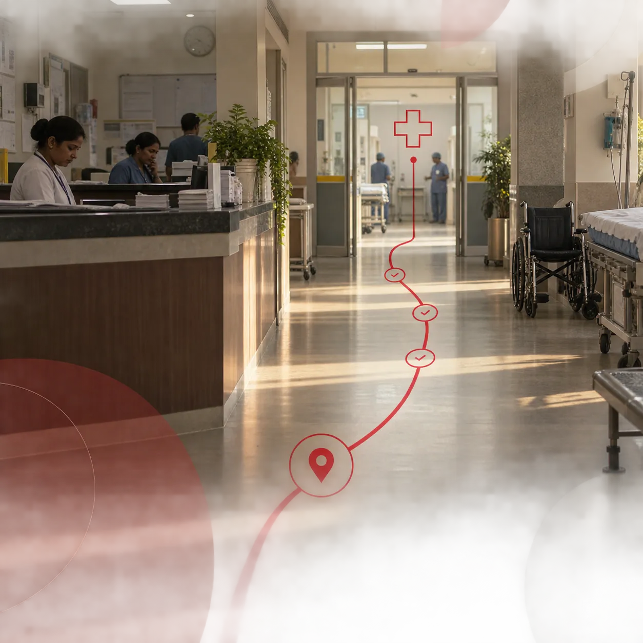 An older patient being supported in a hospital