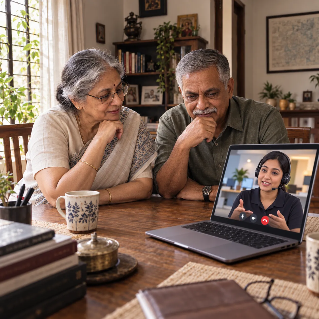 An older couple speaking with an EyEagle response coordinator by video call