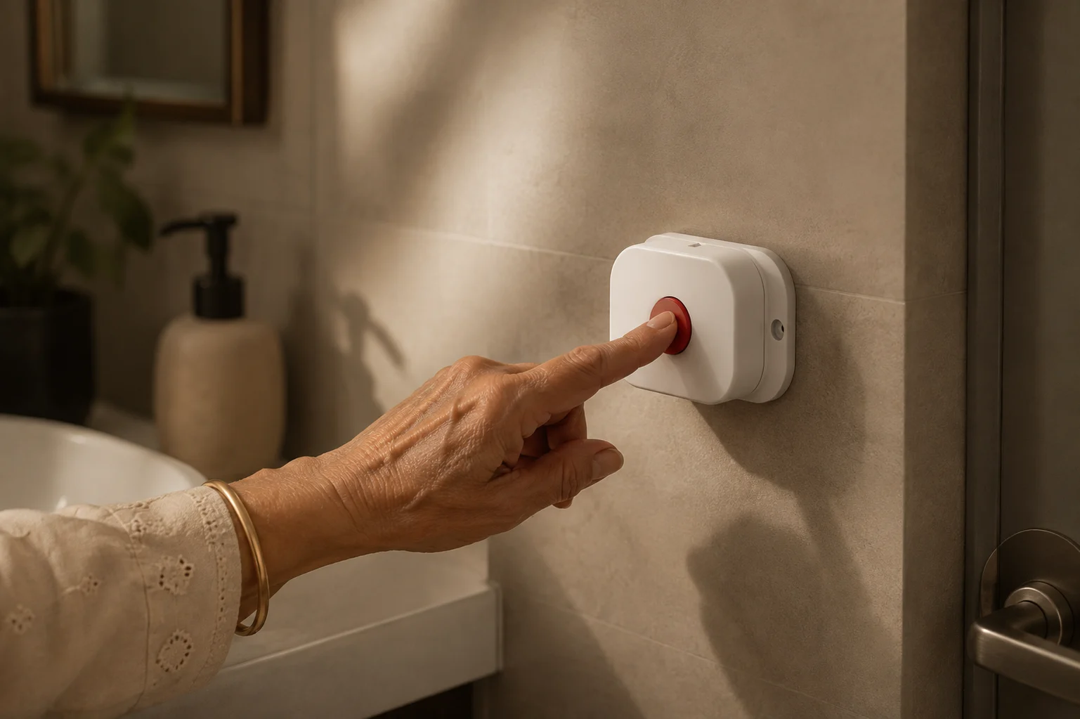 A hand pressing the installed EyEagle SOS button