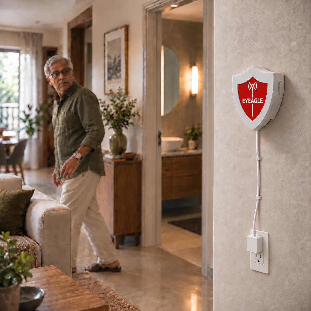 The wired EyEagle Home Hub with Alarm connected to a wall socket outside a bathroom