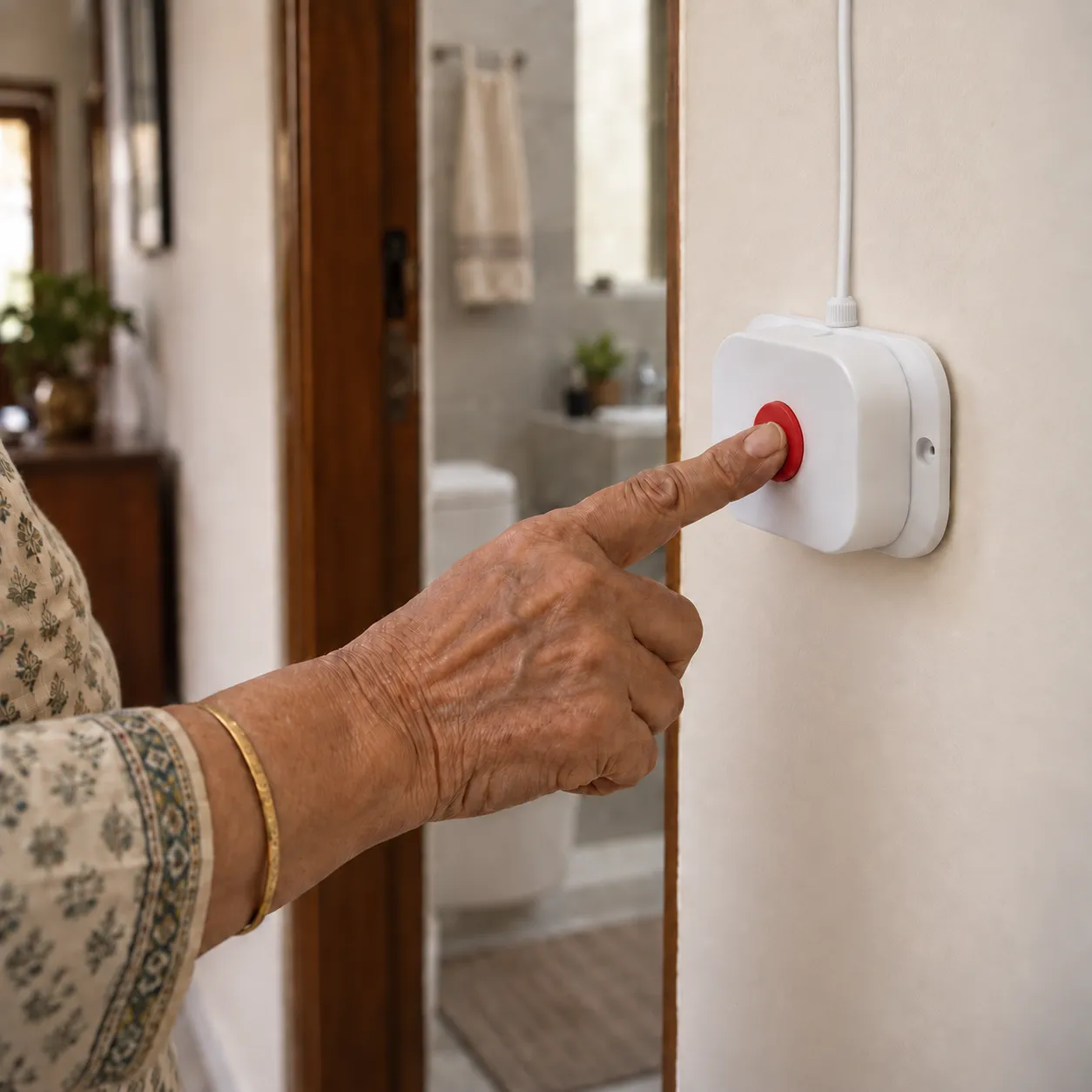 An older person pressing the SOS button on the wired EyEagle Alert Unit