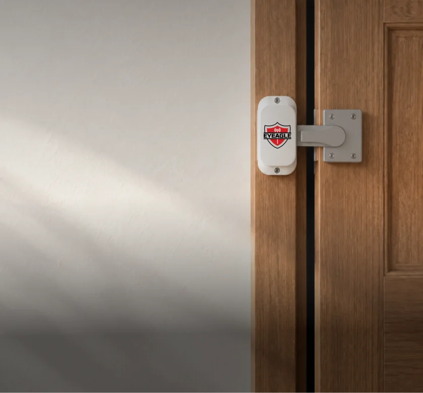 The Door Lock Sensor of the EyEagle Alert Unit fitted to a bathroom door