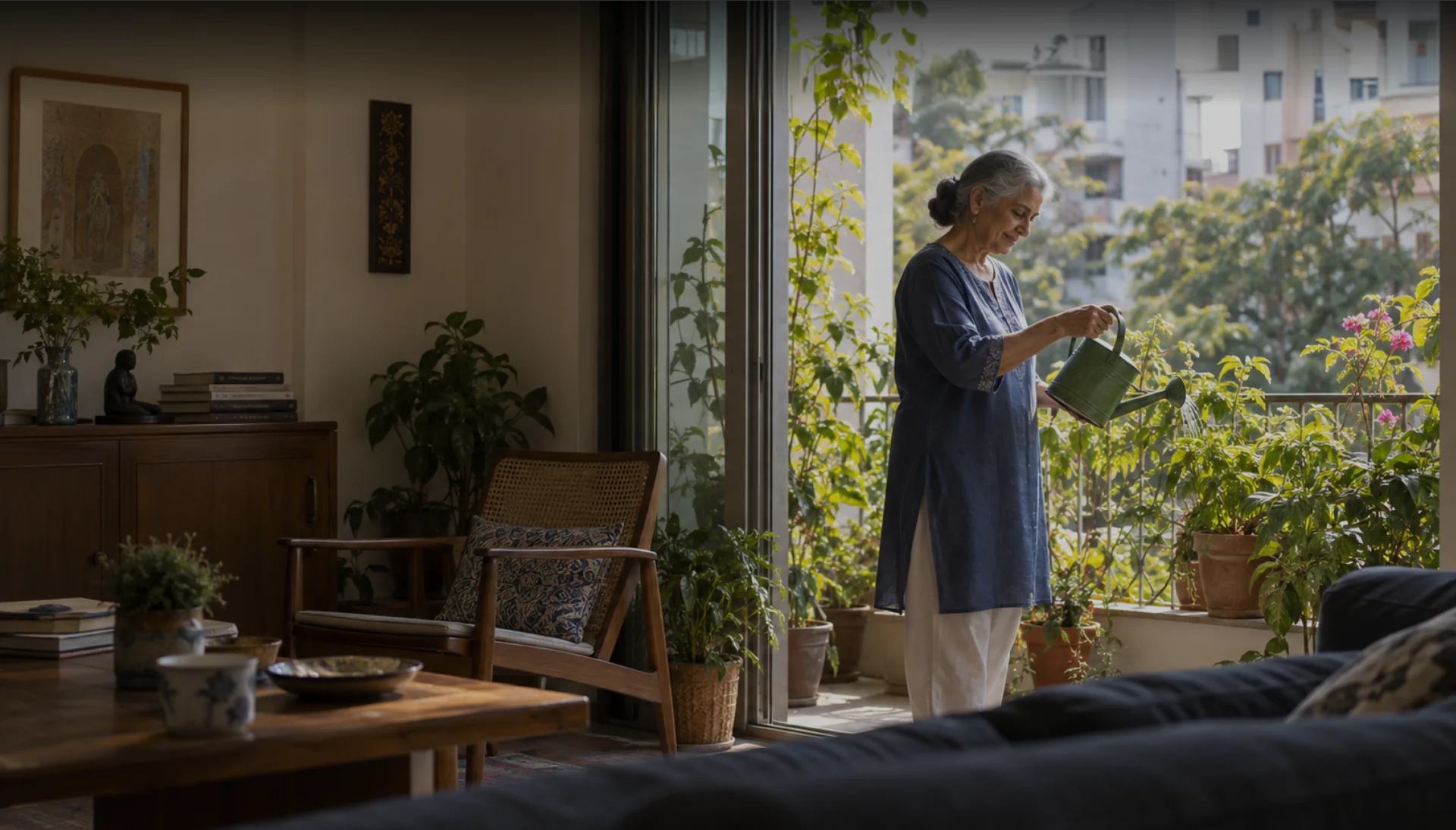 An older Indian woman watering plants on her sunlit balcony
