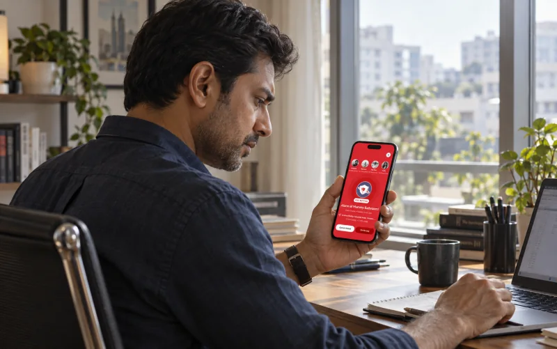 A family member viewing an EyEagle alert while working away from home