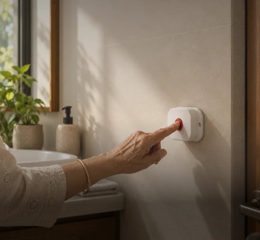 An older adult pressing the SOS button on the EyEagle Alert Unit in a bathroom