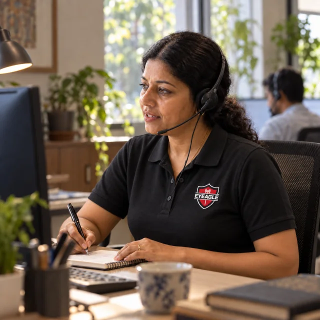 An EyEagle response specialist in a branded polo coordinating help